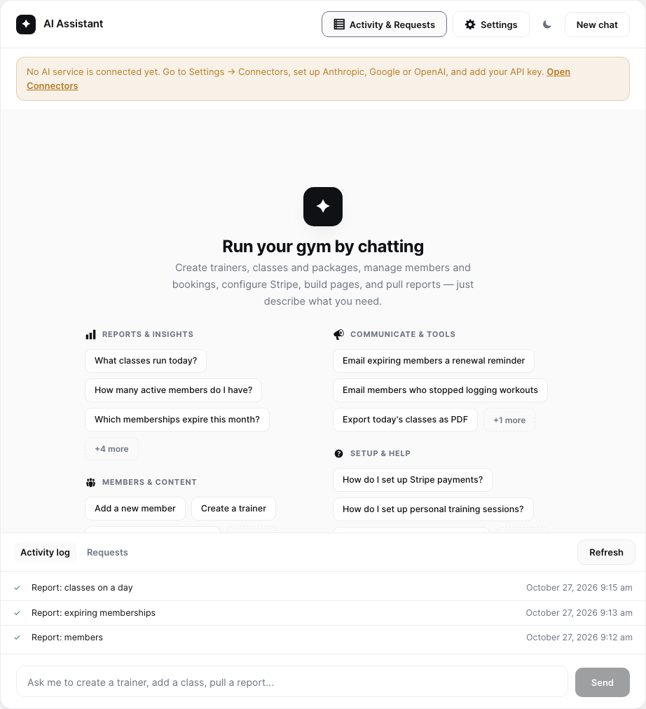 The Activity and Requests drawer open on the Activity log tab: three ticked actions, Report: classes on a day, Report: expiring memberships and Report: members, each with its date and time