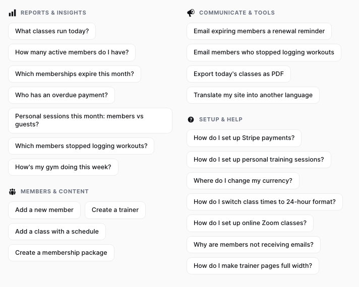 All suggestions: Reports and insights, Members and content, Communicate and tools, and Setup and help