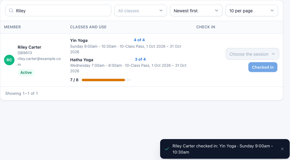 After clicking Check In: the row shows 4 of 4 and Checked in, with a confirmation message