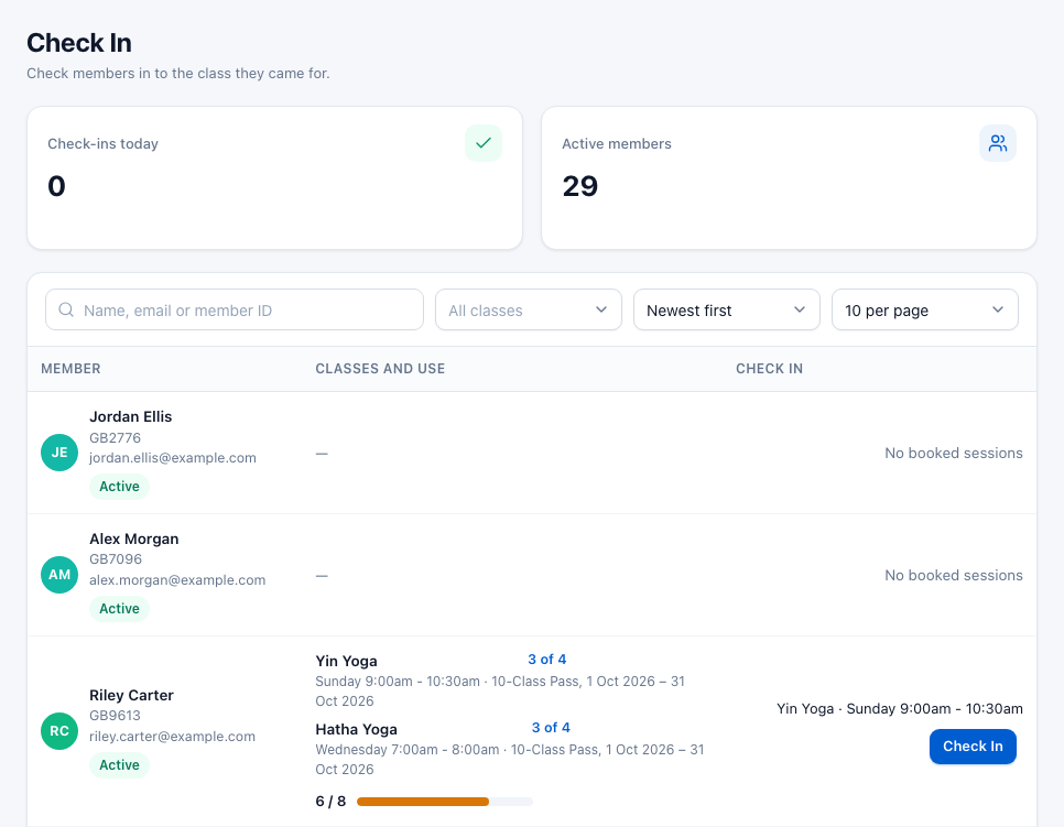 The Check In page with check-ins today, active members, the search bar and a list of members