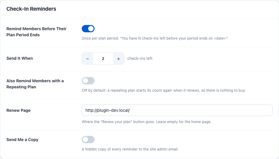 The Check-In Reminders card with its switches, number field and Renew Page