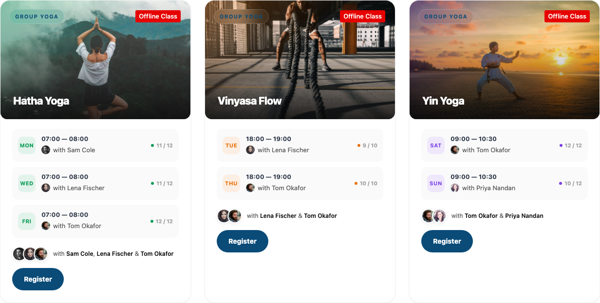 Classes block, Card layout: Hatha Yoga, Vinyasa Flow and Yin Yoga cards with pictures, class times with trainer and places left, and a Register button on each card