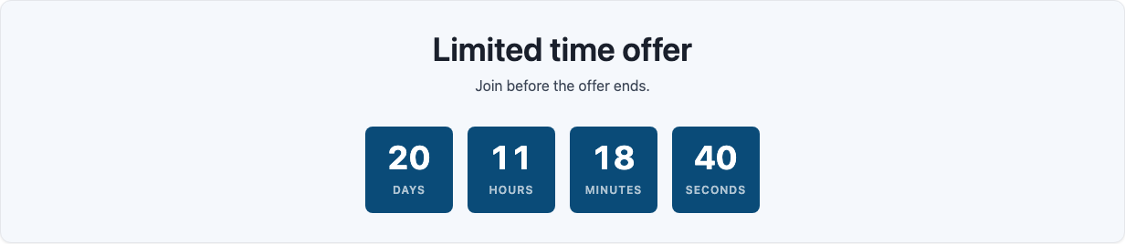 Countdown block, default layout: the title Limited time offer, a line of text, and four boxes showing days, hours, minutes and seconds