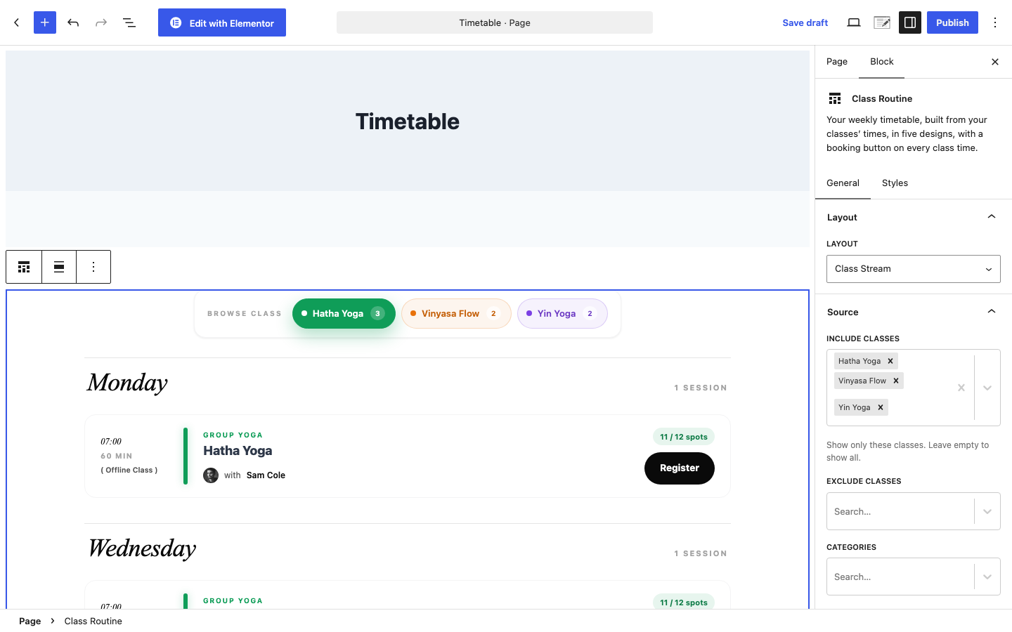 The block editor with a Class Routine block on the page and its General settings on the right: Layout set to Class Stream, three classes picked under Include Classes