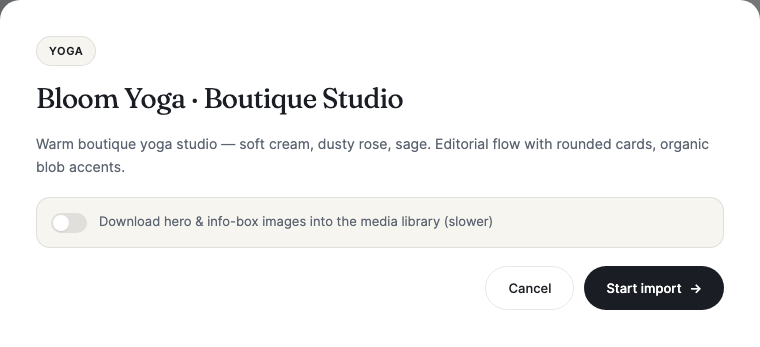 The import window for Bloom Yoga · Boutique Studio with the switch Download hero and info-box images into the media library (slower), and the buttons Cancel and Start import