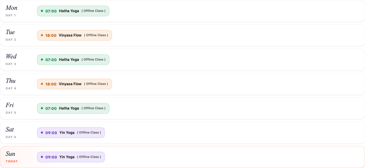 Minimal Rails layout: one row per day from Monday to Sunday with the class times as small colored labels; Sunday is marked Today