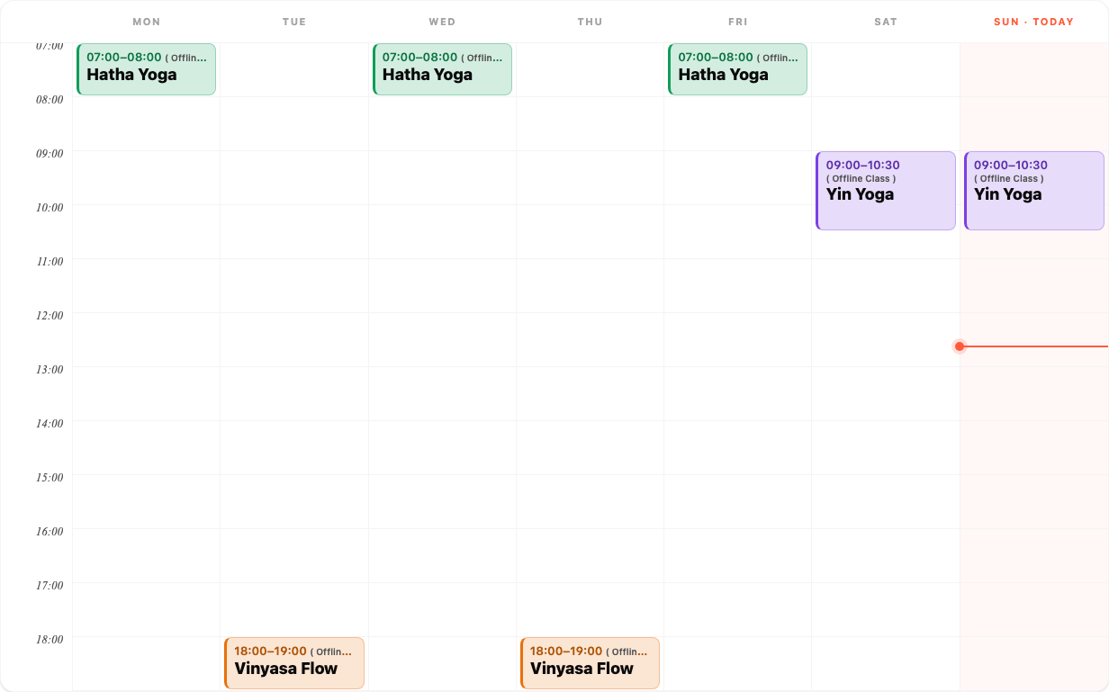 Pro Timeline layout: a week on an hour grid from 07:00 with class blocks sized by length and a red line marking the current time on Sunday
