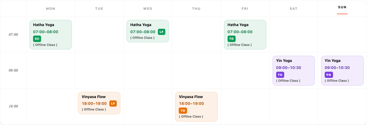 Timetable layout: a week grid with Hatha Yoga on Monday, Wednesday and Friday at 07:00, Vinyasa Flow on Tuesday and Thursday at 18:00, Yin Yoga on Saturday and Sunday at 09:00