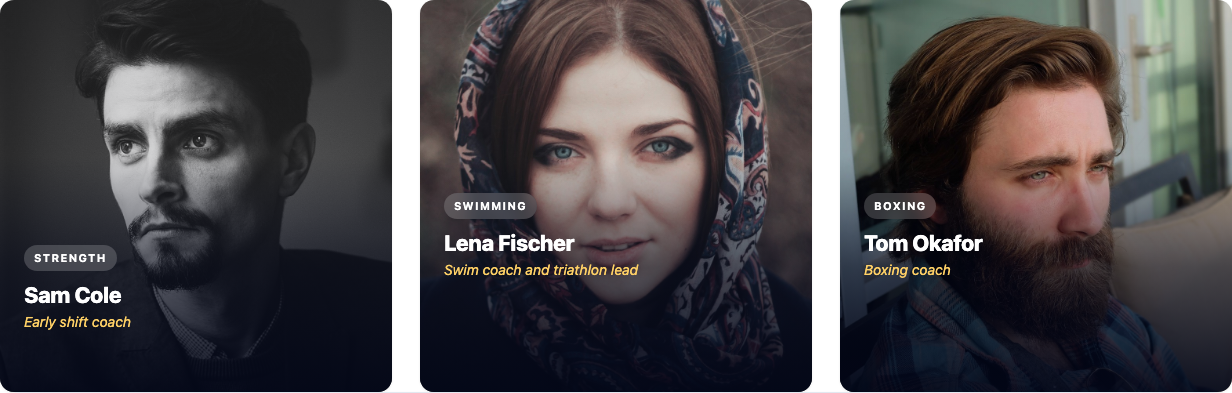Trainers block, Hover layout: square photos of Sam Cole, Lena Fischer and Tom Okafor with a white category chip, the name in white and the role