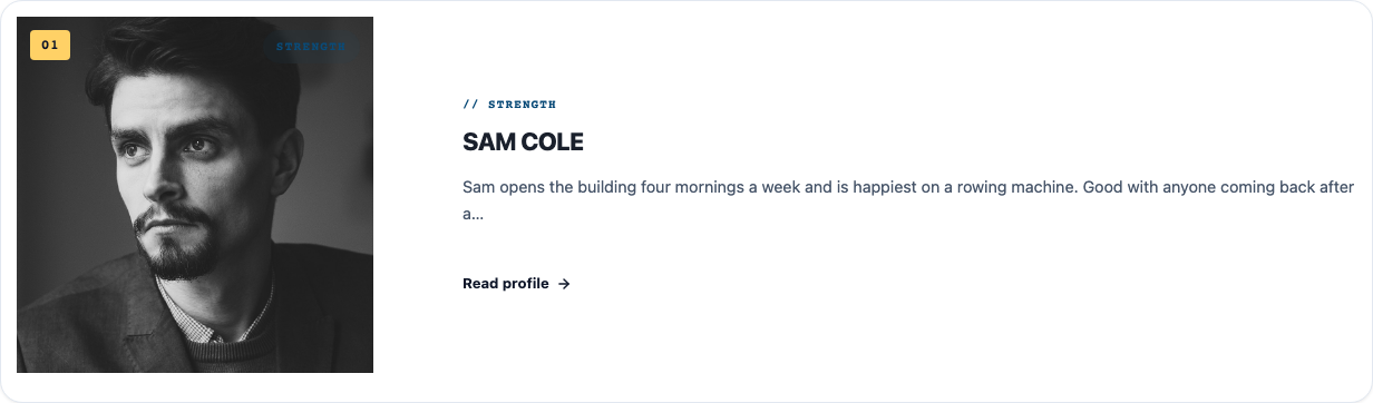 Trainers block, Minimal layout: a numbered row with Sam Cole's photo, category, name in capitals, bio and Read profile