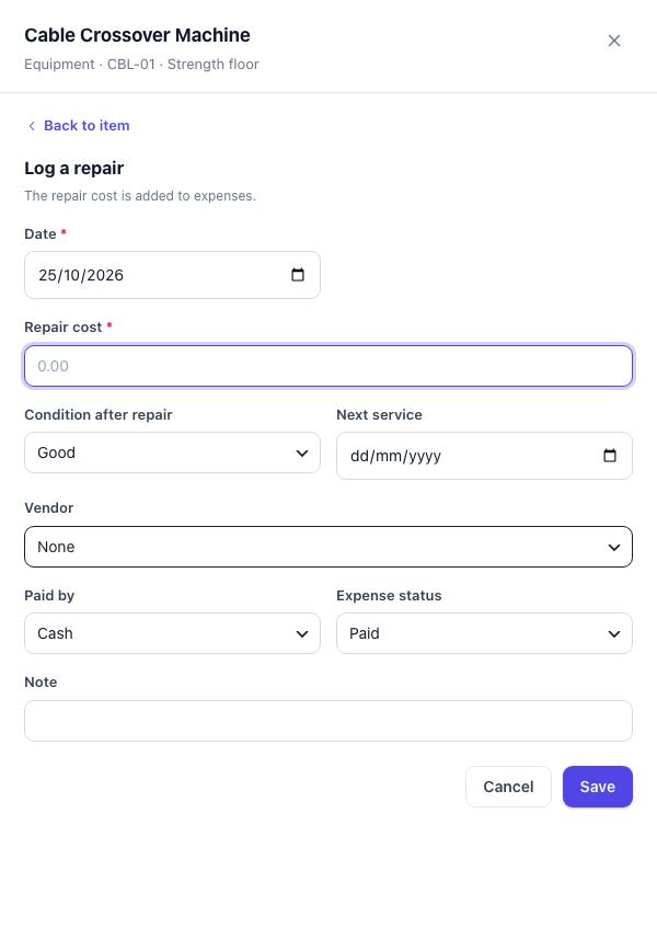 Log a repair form with Date, Repair cost, Condition after repair, Next service, Vendor, Paid by, Expense status and Note
