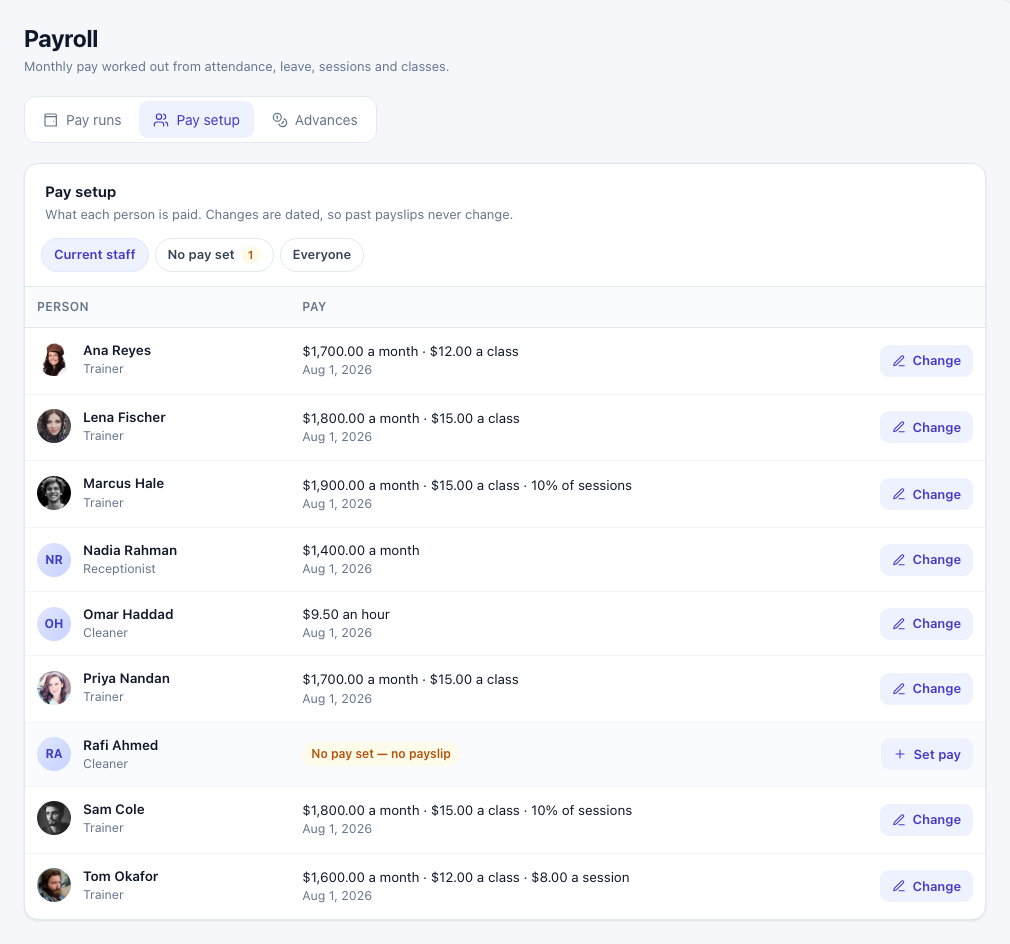 Pay setup list: each person with their pay, such as 1,700.00 a month and 12.00 a class, and Rafi Ahmed with No pay set — no payslip and a Set pay button