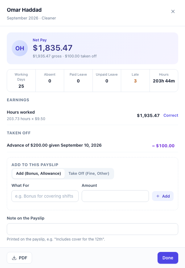 Payslip panel for Omar Haddad: net pay, working days, absent, paid leave, unpaid leave, late and hours; hours worked with a Correct link; an advance taken off; Add to this payslip; Note on the payslip; PDF and Done