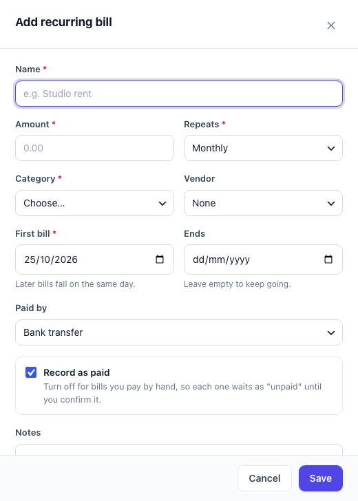 Add recurring bill panel with Name, Amount, Repeats, Category, Vendor, First bill, Ends, Paid by and Record as paid