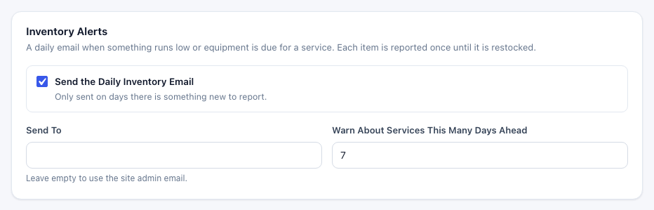 Inventory Alerts: Send the Daily Inventory Email, Send To and Warn About Services This Many Days Ahead