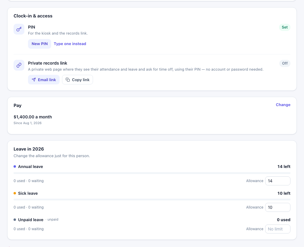 Clock-in and access card with PIN Set, New PIN and Type one instead, and Private records link Off with Email link and Copy link; below it the Pay card and the Leave allowances
