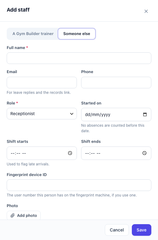 Add staff panel with Someone else selected: Full name, Email, Phone, Role, Started on, Shift starts, Shift ends, Fingerprint device ID and Photo