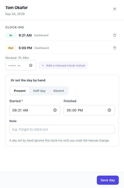 Tom Okafor on September 24, 2026: clock-ins In 9:21 AM and Out 5:00 PM from the dashboard, Add a missed clock-in/out, and Or set the day by hand with Present, Half day and Absent