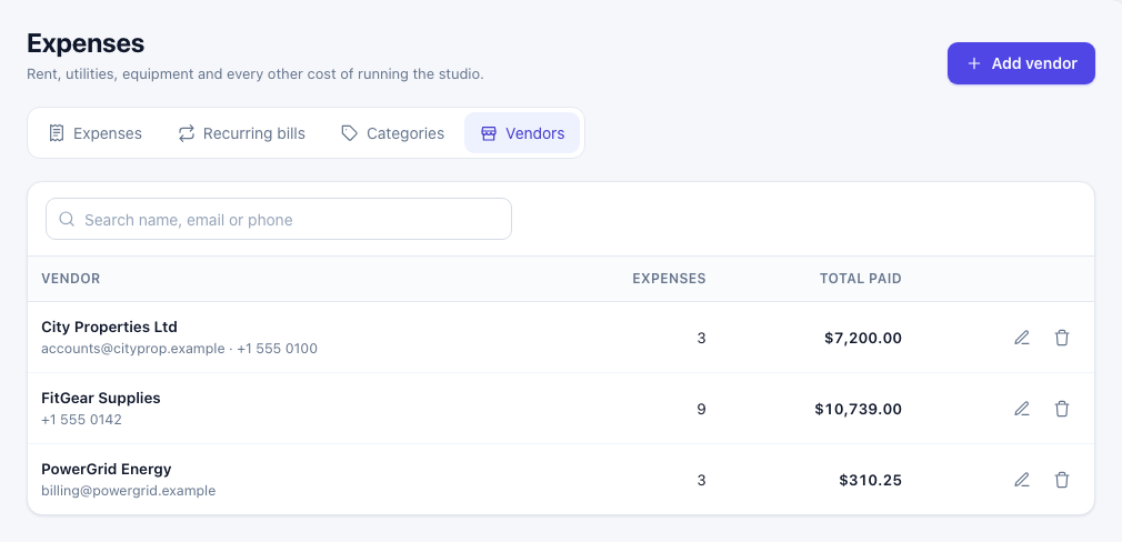 Vendors list with expense counts and total paid for City Properties Ltd, FitGear Supplies and PowerGrid Energy