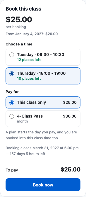 The booking card on a phone, with Thursday picked and This class only chosen