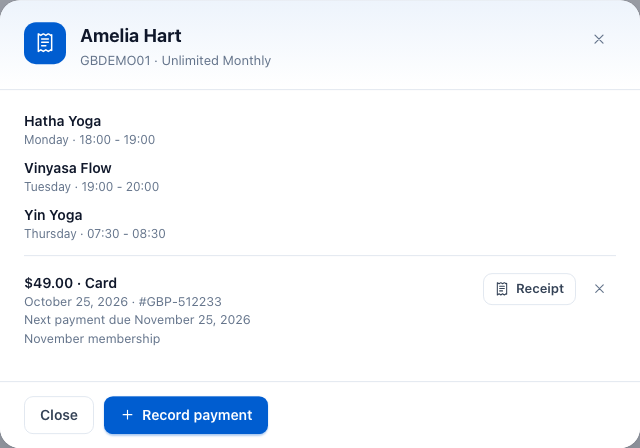 A member's payment history: their classes, then one payment of $49.00 by Card on October 25, 2026 with its reference, next due date and note, and buttons Receipt and a delete cross