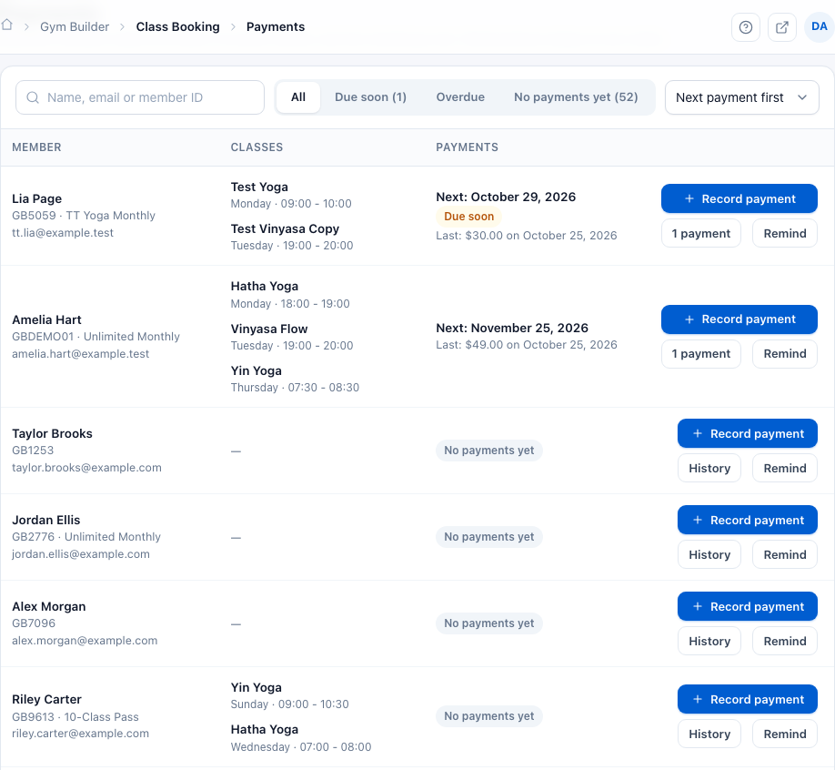 The Payments page: a search box, filters All, Due soon (1), Overdue, No payments yet (52), the order Next payment first, and a list of members with their classes, next payment date, last payment, and buttons Record payment, History or 1 payment, and Remind