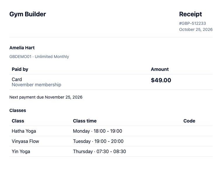 A printed receipt: studio name, Receipt with reference and date, the member's name, ID and plan, Paid by Card with the note, Amount $49.00, next payment due, and a table of the member's classes with class time and code