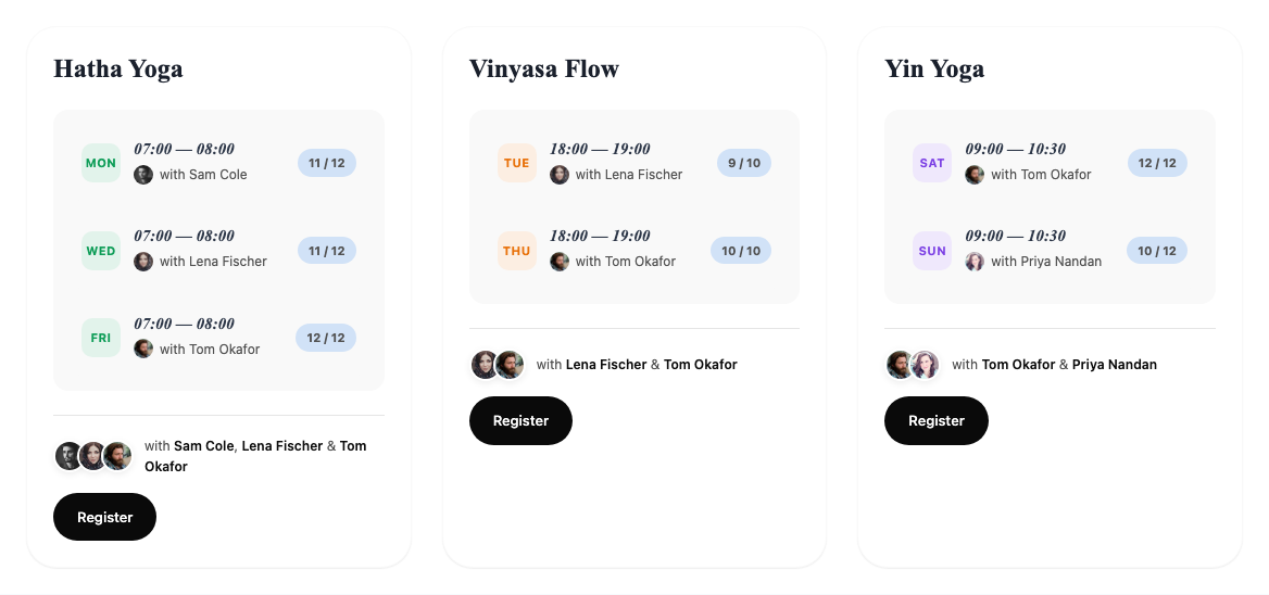 Three class cards: Hatha Yoga, Vinyasa Flow and Yin Yoga, each listing its days, times, trainer and free places, with a Register button