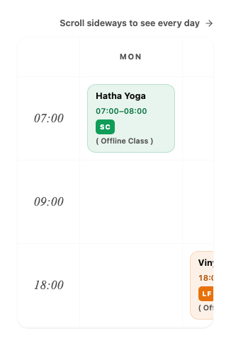 The timetable on a phone showing Monday, with a hint to scroll sideways to see every day