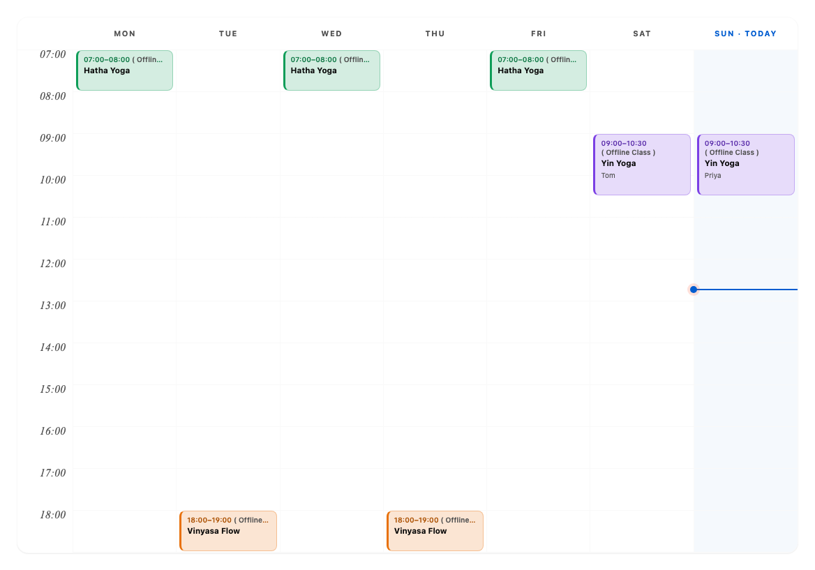 The Timeline layout: classes placed on an hourly scale, with today's column shaded and a line at the current time