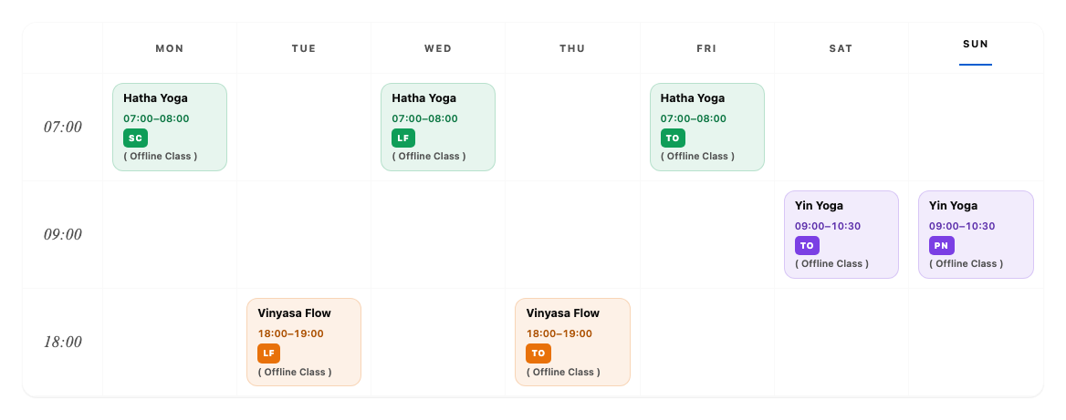 A weekly timetable grid with days across the top, times down the side and colored class blocks