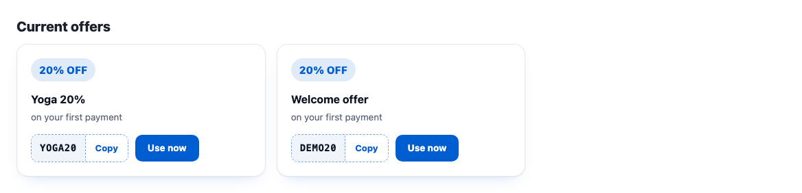 Two offer cards, 20% off each, with codes YOGA20 and DEMO20, a Copy button and a Use now button