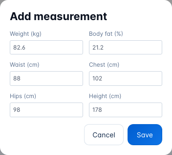 The Add measurement window with weight, body fat, waist, chest, hips and height