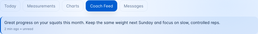 The Coach Feed with one unread note from the trainer