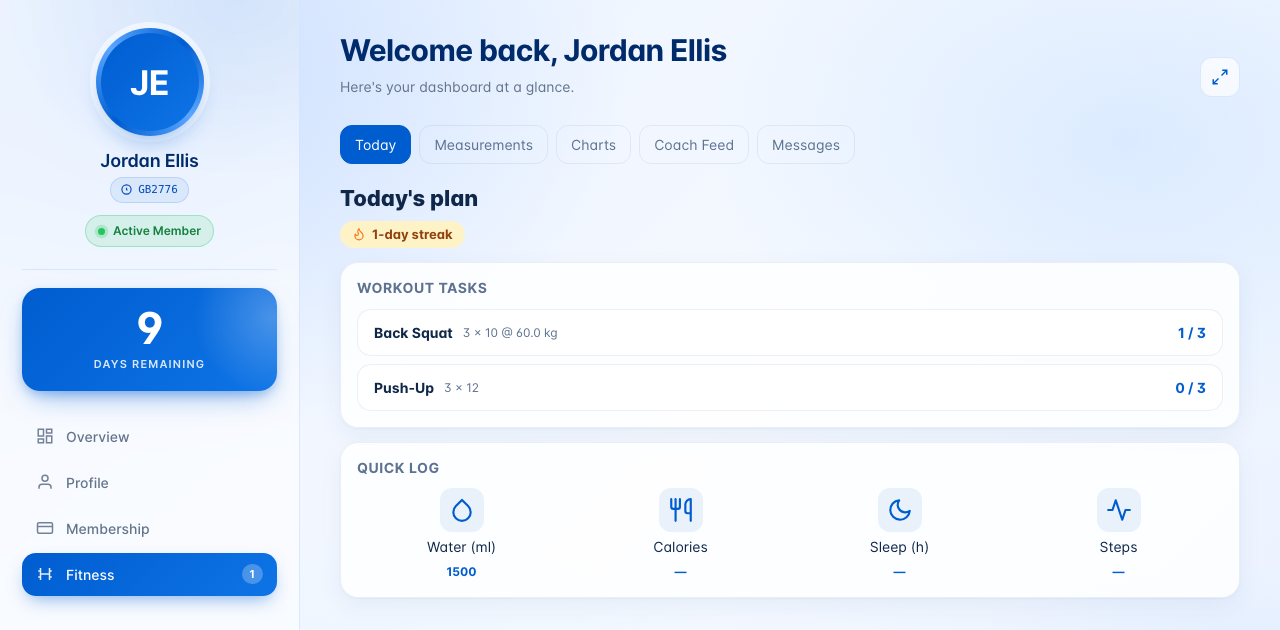 The member dashboard with Fitness open on the Today tab