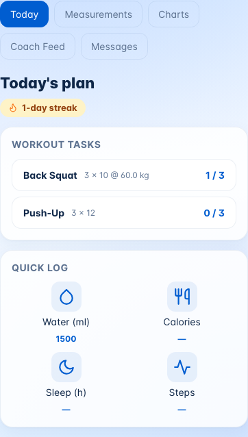 The Today tab on a phone, with workout tasks and quick log tiles
