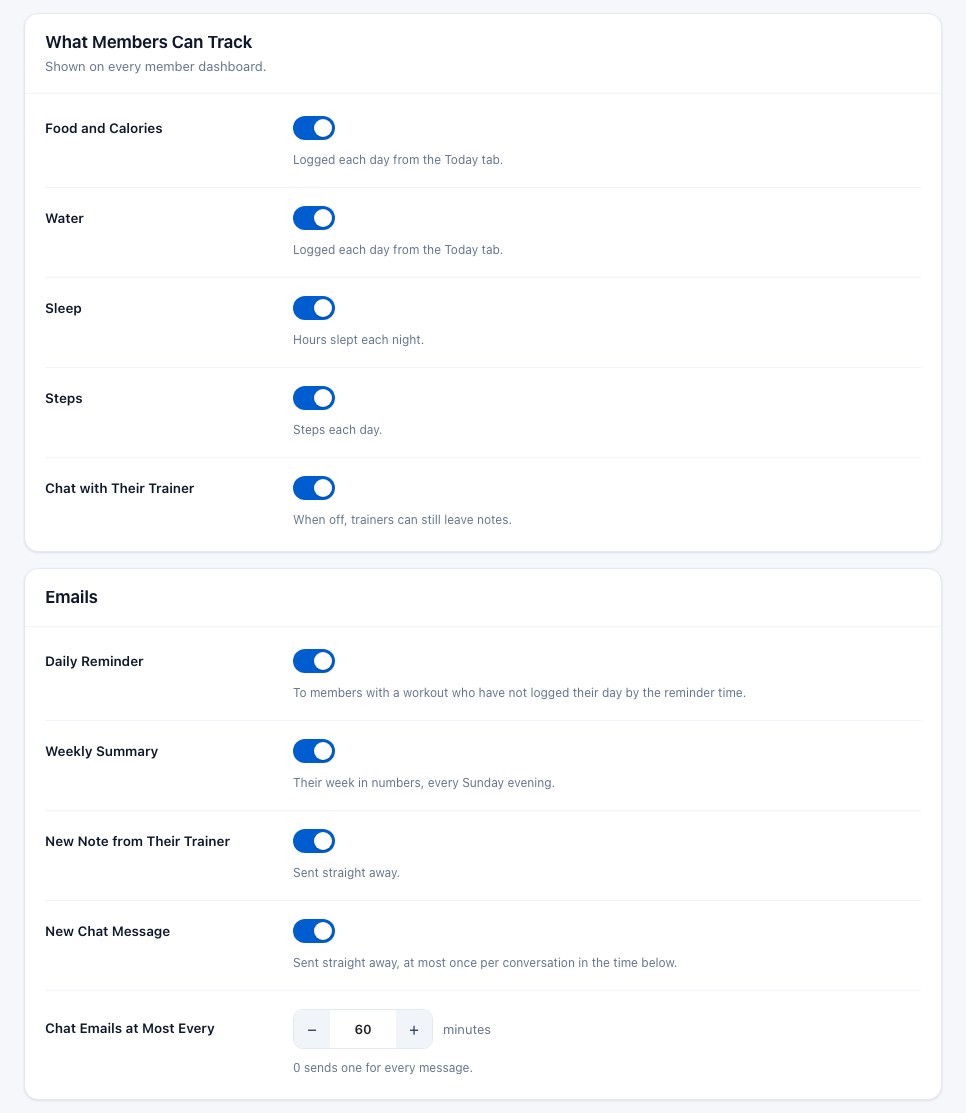 Fitness Tracking settings: the What Members Can Track card and the Emails card