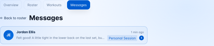 The trainer's Messages list with one conversation and an unread count