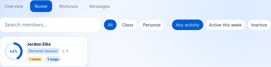 Trainer Roster with a search box, filters and a member card