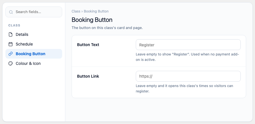 The Booking Button section with Button Text and Button Link
