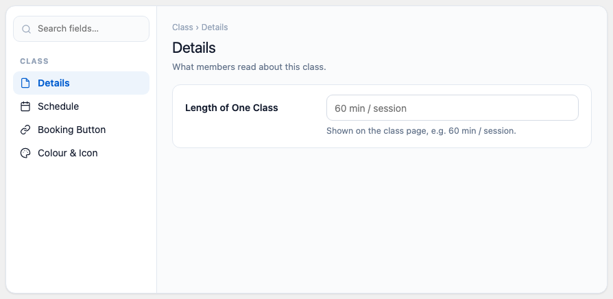 The Details section with Length of One Class