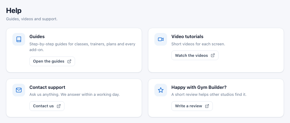 The Help page with Guides, Video tutorials, Contact support and a review card