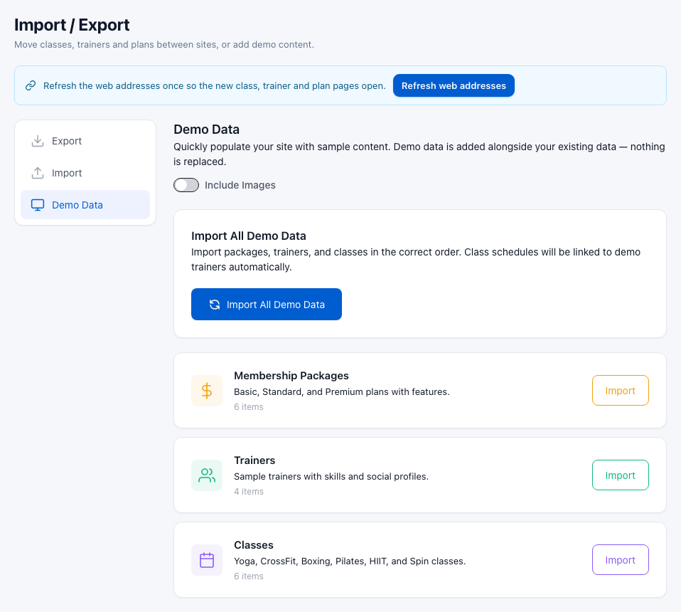 The Demo Data tab with Import All Demo Data and cards for packages, trainers and classes