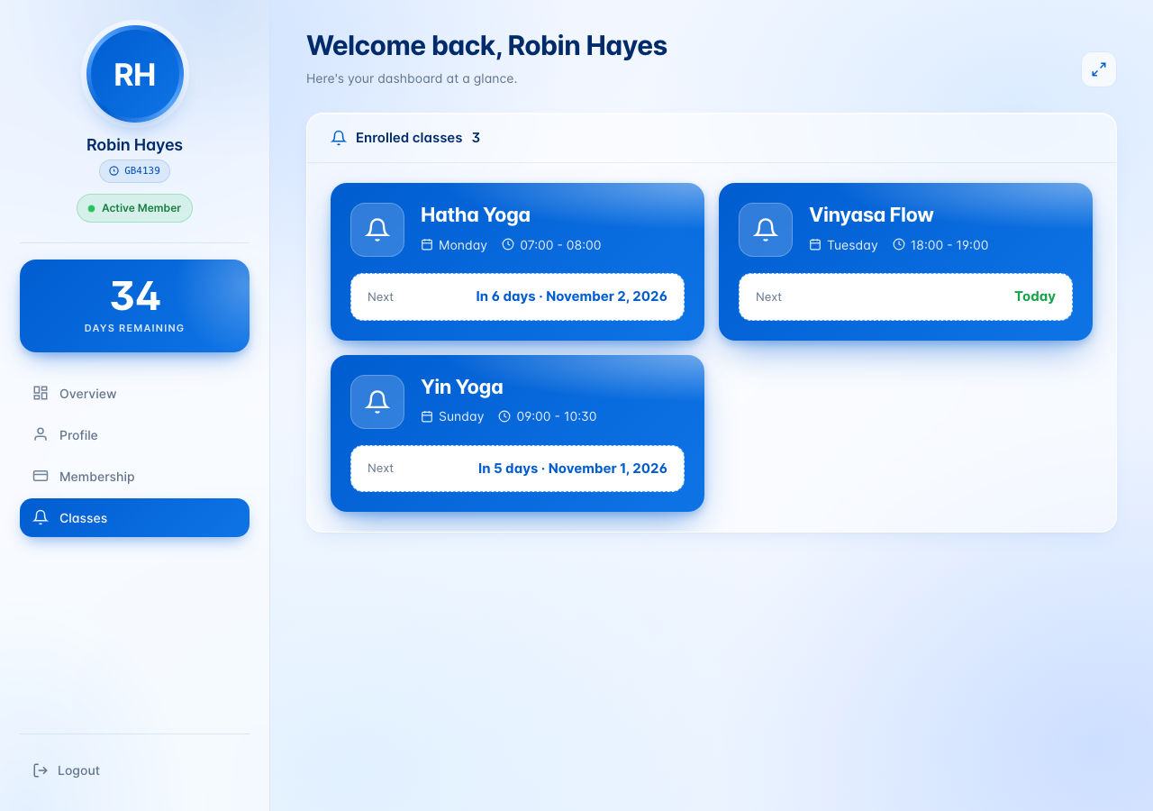 The member dashboard Classes tab with three enrolled classes