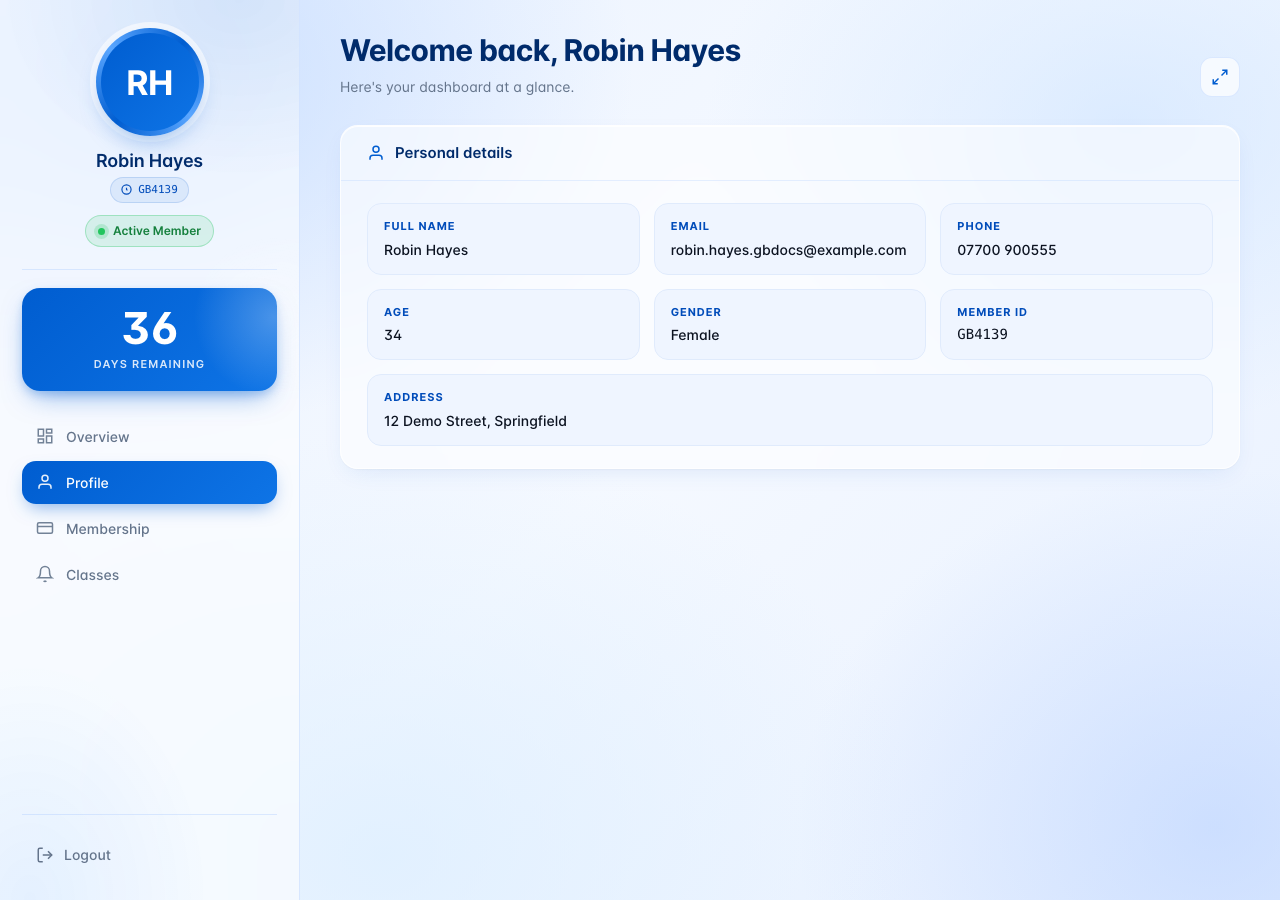 The member dashboard Profile tab with personal details