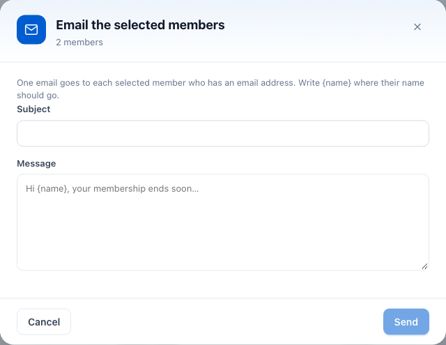 Email the selected members, with Subject and Message