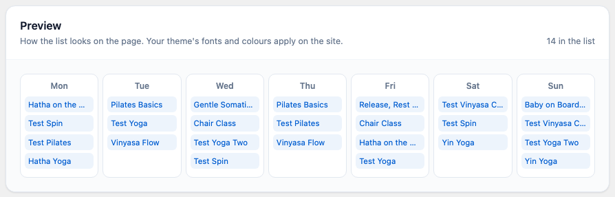 The preview of a weekly timetable, classes by day
