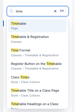 The menu search showing results for the word time