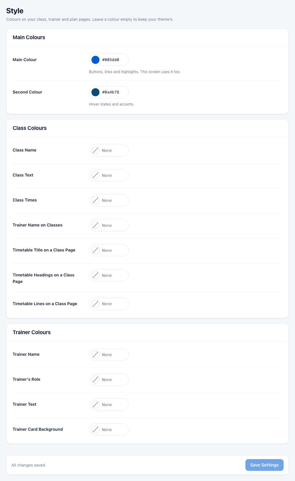 Settings Style with Main Colours, Class Colours and Trainer Colours