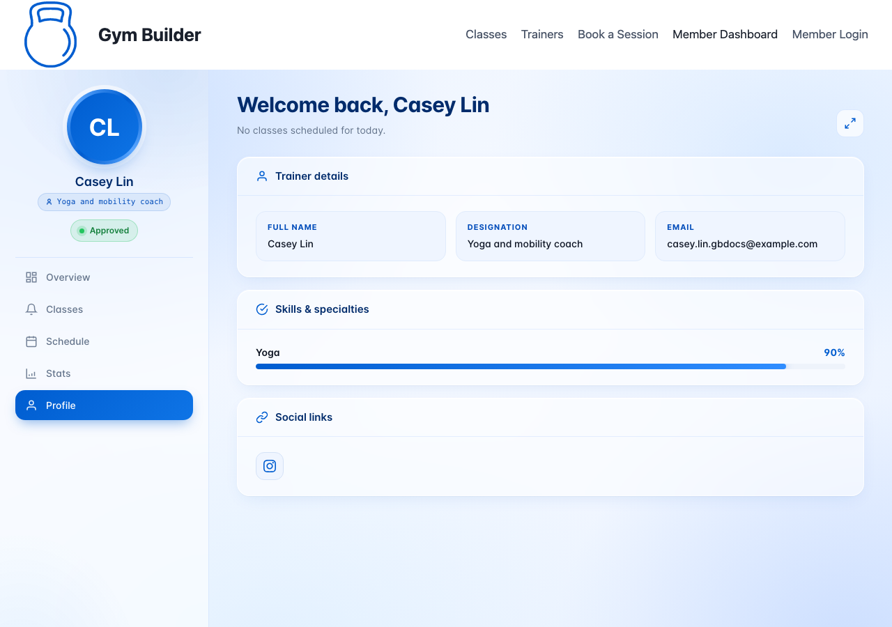 The trainer dashboard Profile with details, skills and social links